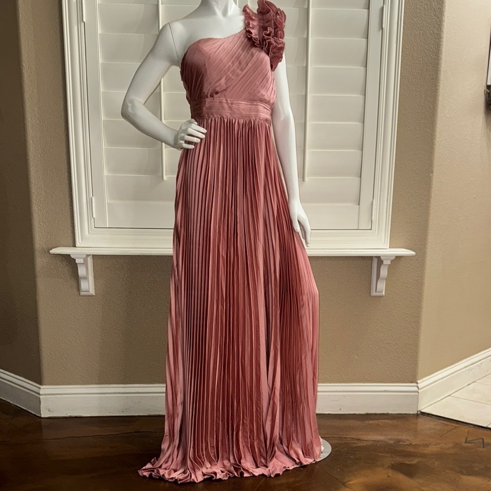 Minuet Alexandria Pleated Satin with Shoulder Ruffle